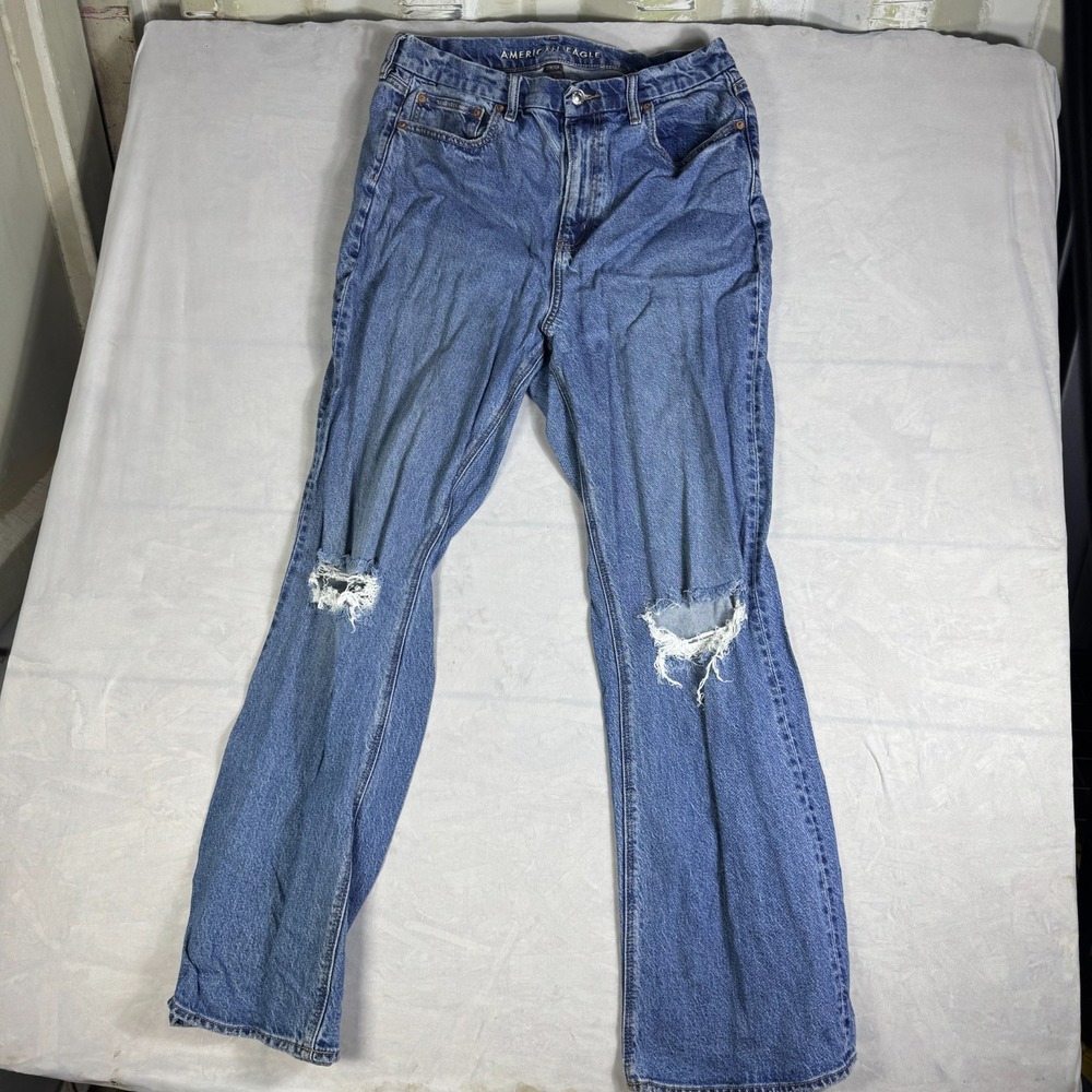 American Eagle Strigid Womens Curvy 90's Bootcut Jeans Blue Distressed 14 Long